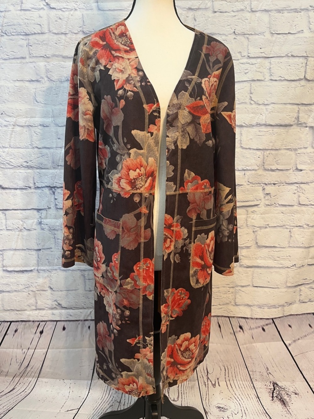 Solitaire Floral Faux Suede Duster Jacket Pockets Size Medium Open Front Boho